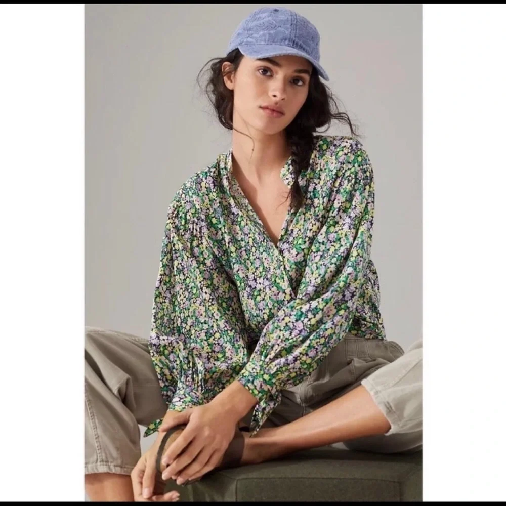 Anthropologie Maeve Floral Long Sleeve Button Front Blouse